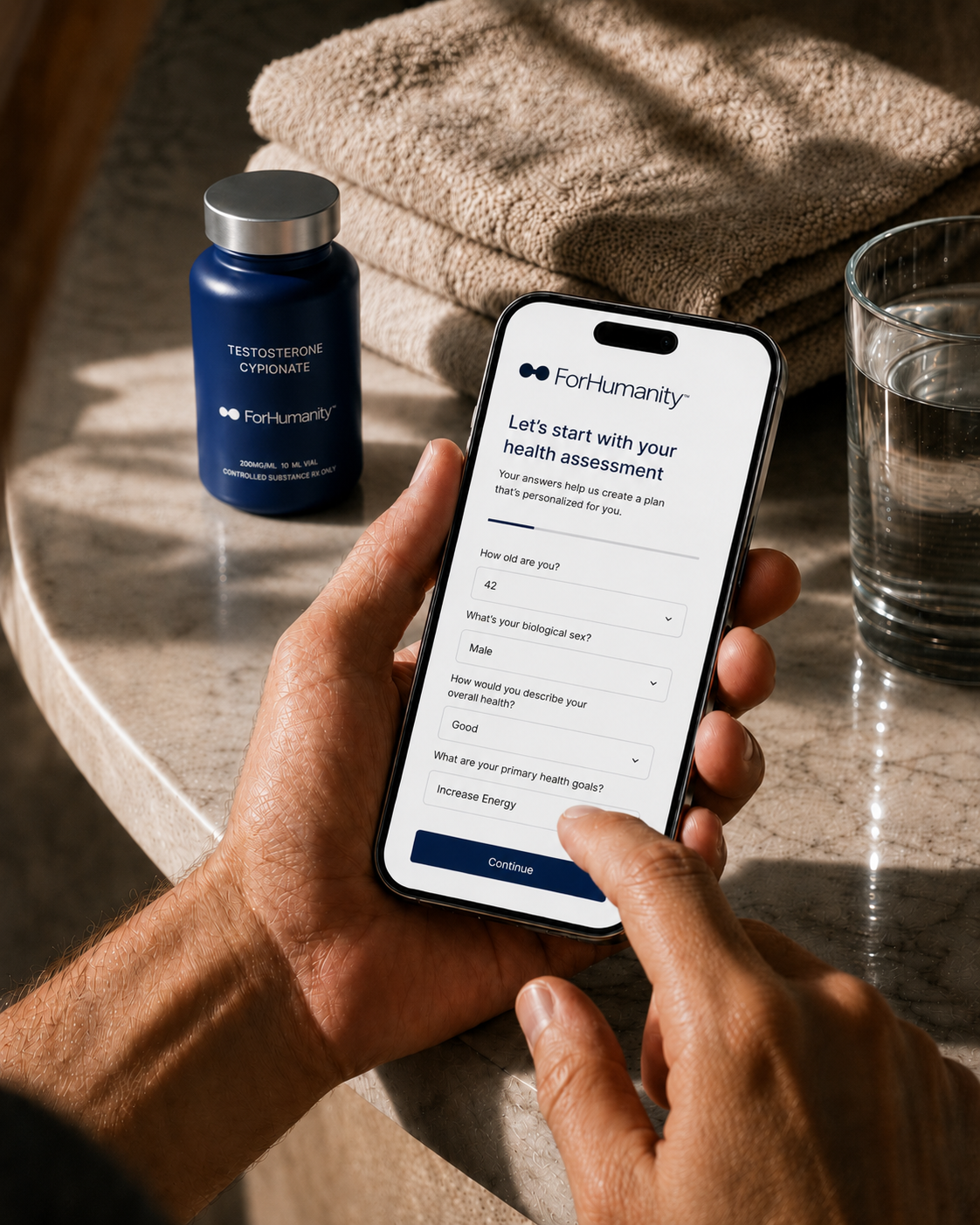 Man completing an online testosterone therapy health assessment on his phone at home