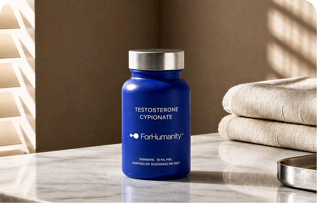 Navy testosterone supplement bottle on a marble counter beside folded towels