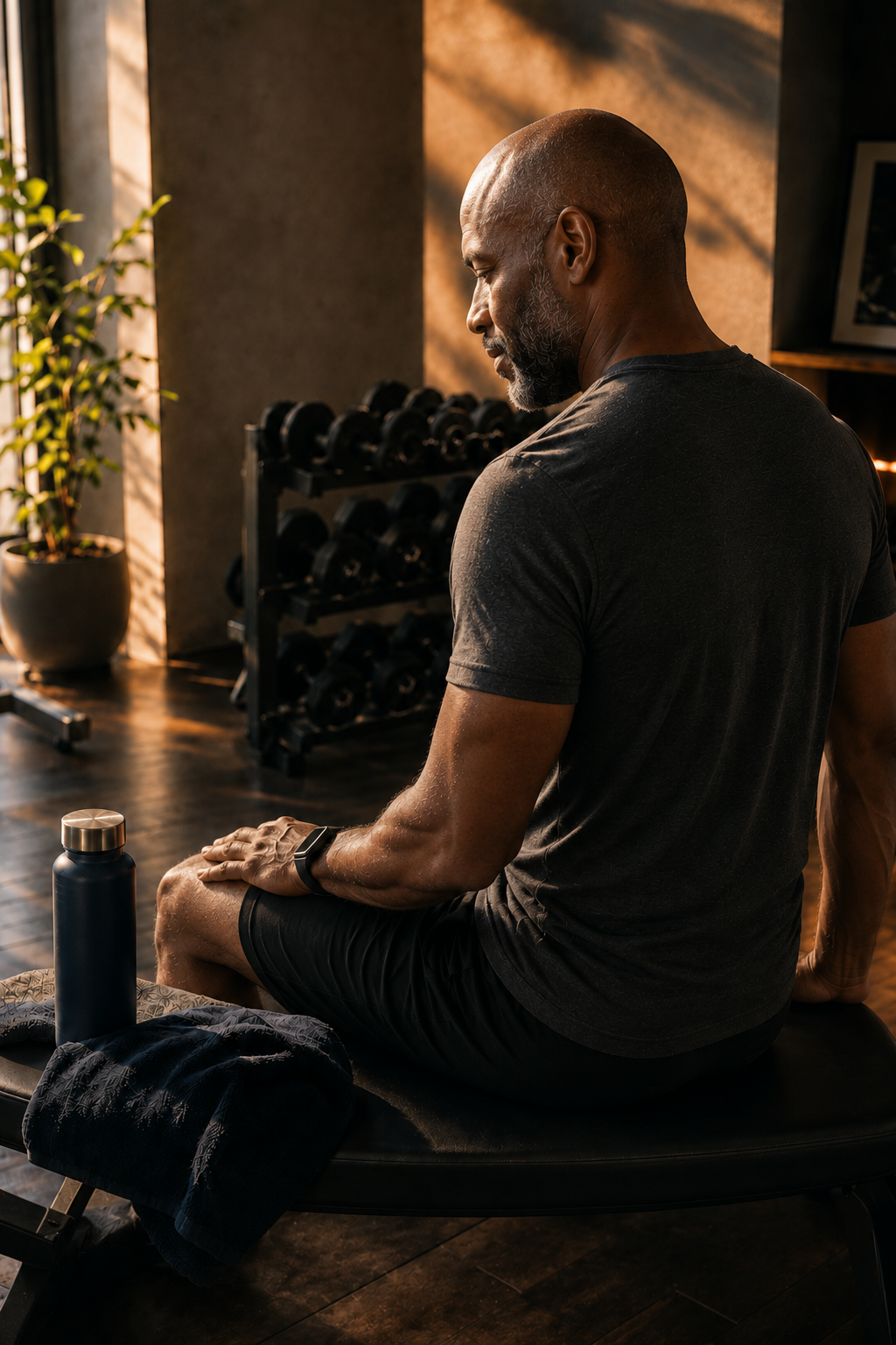 Man resting on a bench in a home gym during ongoing testosterone therapy progress monitoring