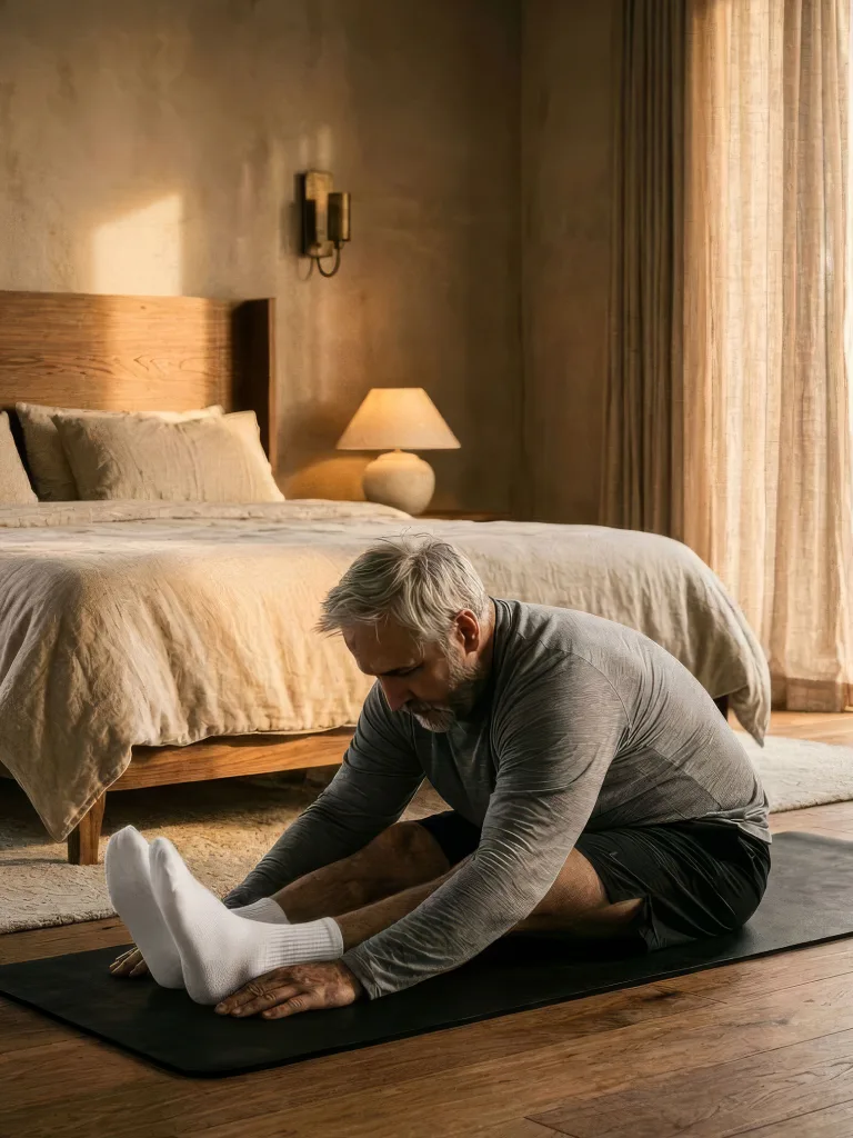 Man stretching in a calm bedroom after waking